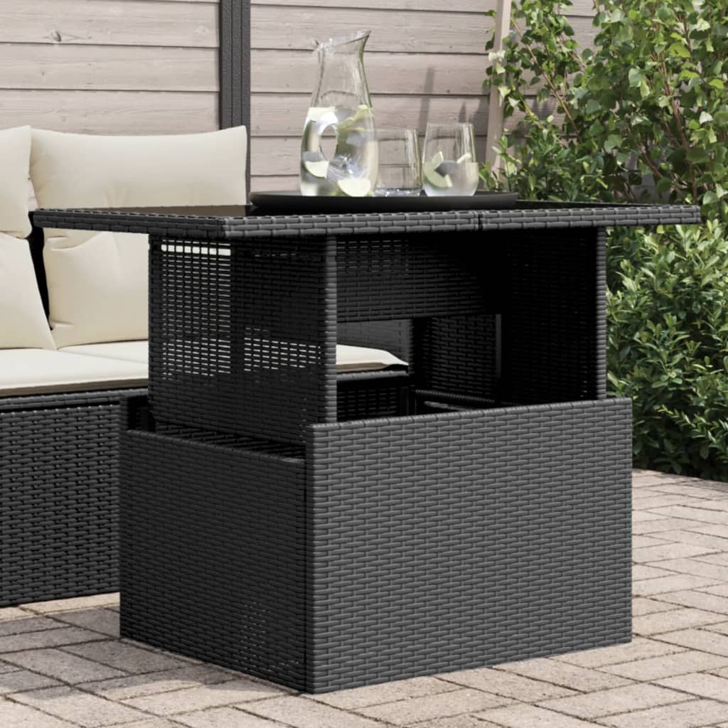 Fekete polyrattan üveglapos kerti asztal 100 x 55 x 73 cm