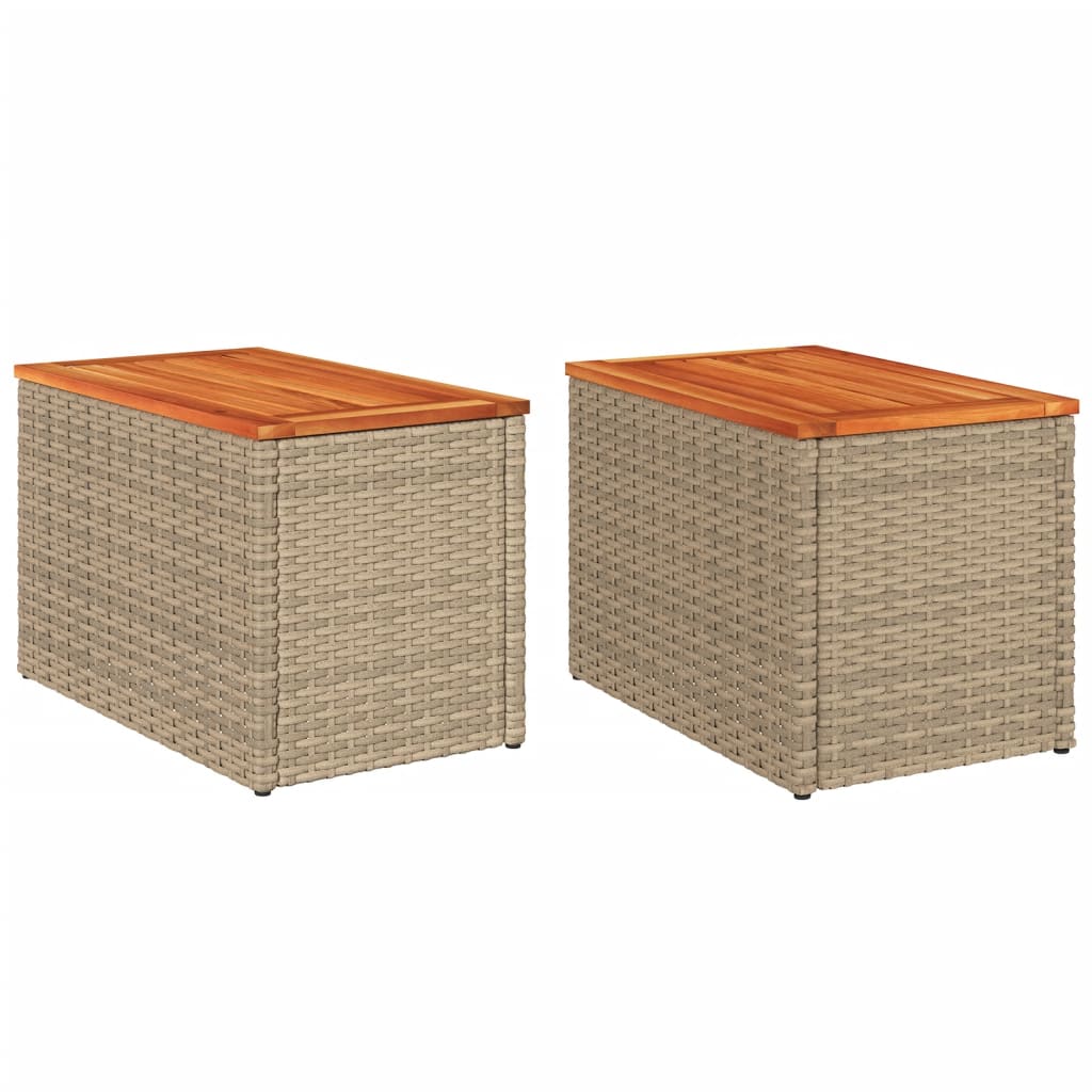 2 db bézs polyrattan és tömör fa kerti kisasztal 55x34x37 cm