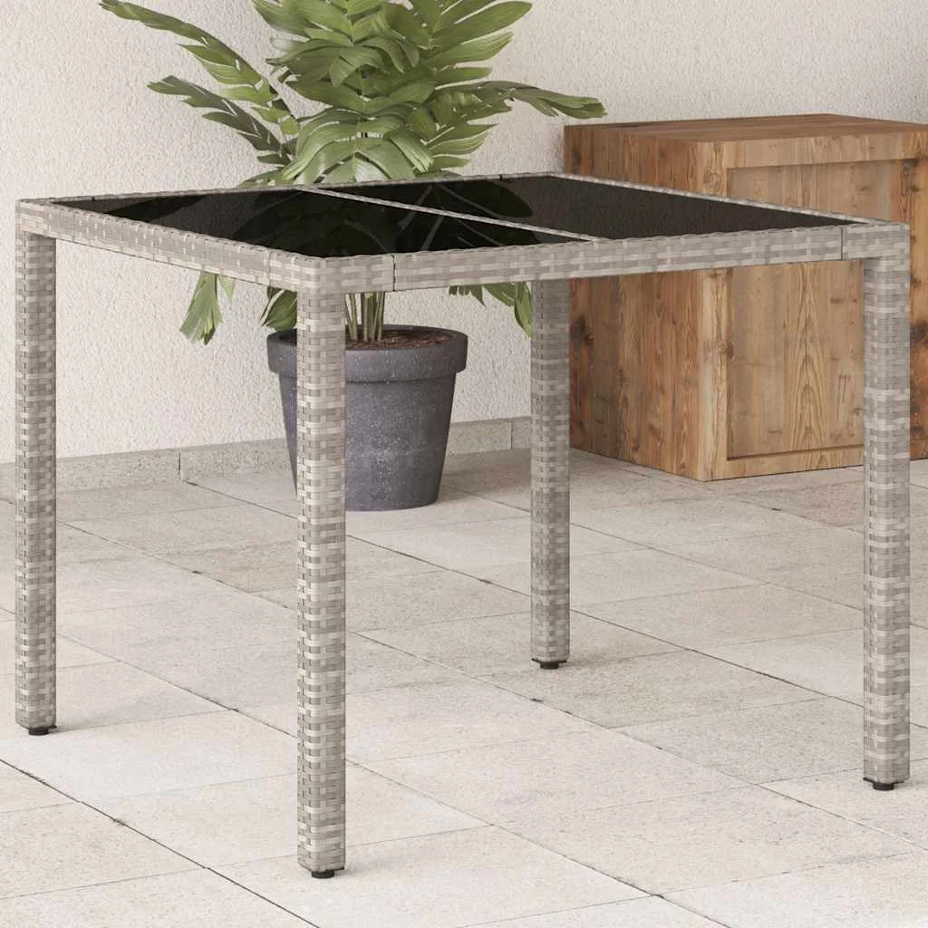 Világosszürke polyrattan üveglapos kerti asztal 90 x 90 x 75 cm