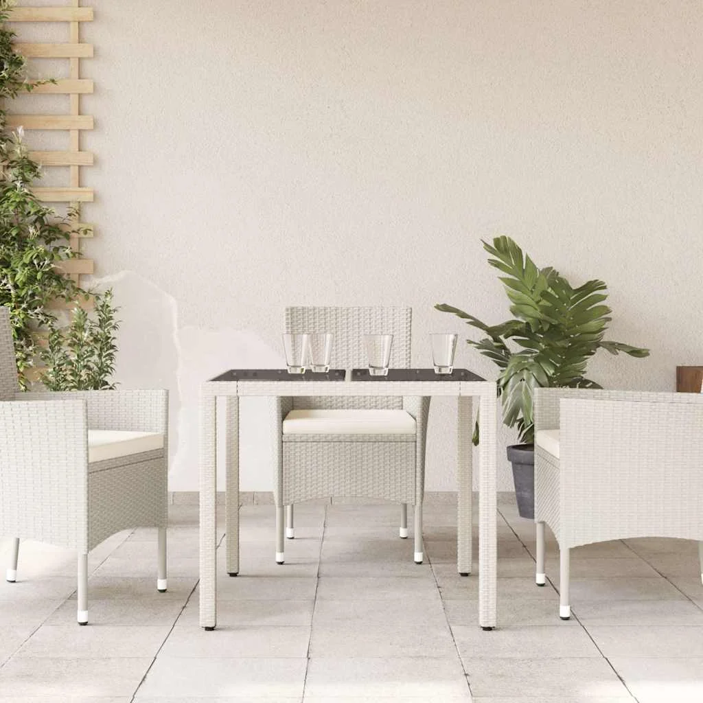 Fehér polyrattan üveglapos kerti asztal 90 x 90 x 75 cm