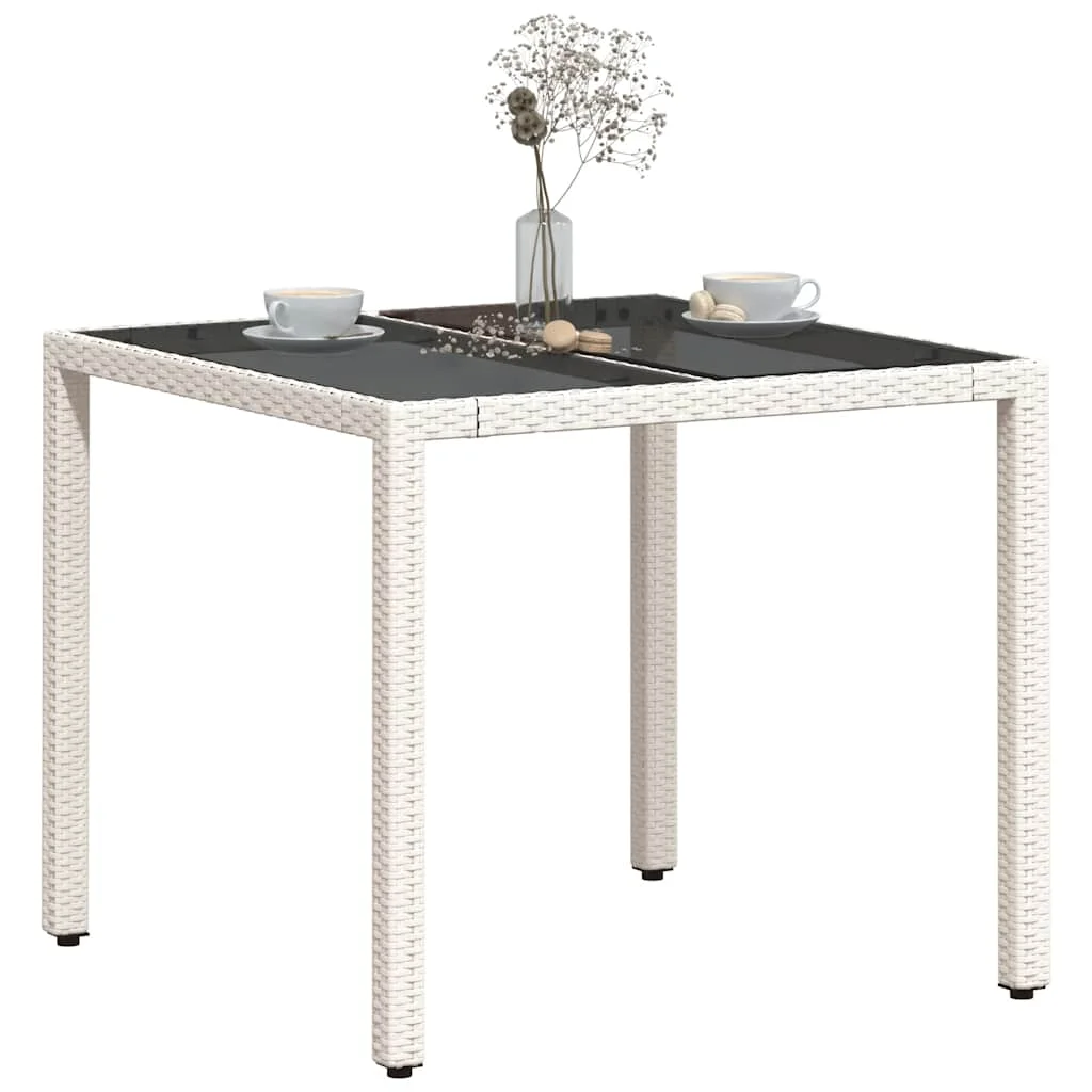 Fehér polyrattan üveglapos kerti asztal 90 x 90 x 75 cm