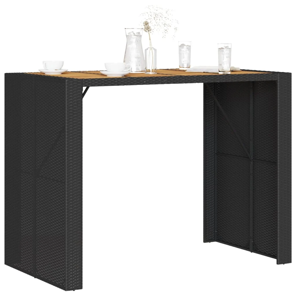 Fekete polyrattan kerti bárasztal akácfa lappal 145x80x110 cm
