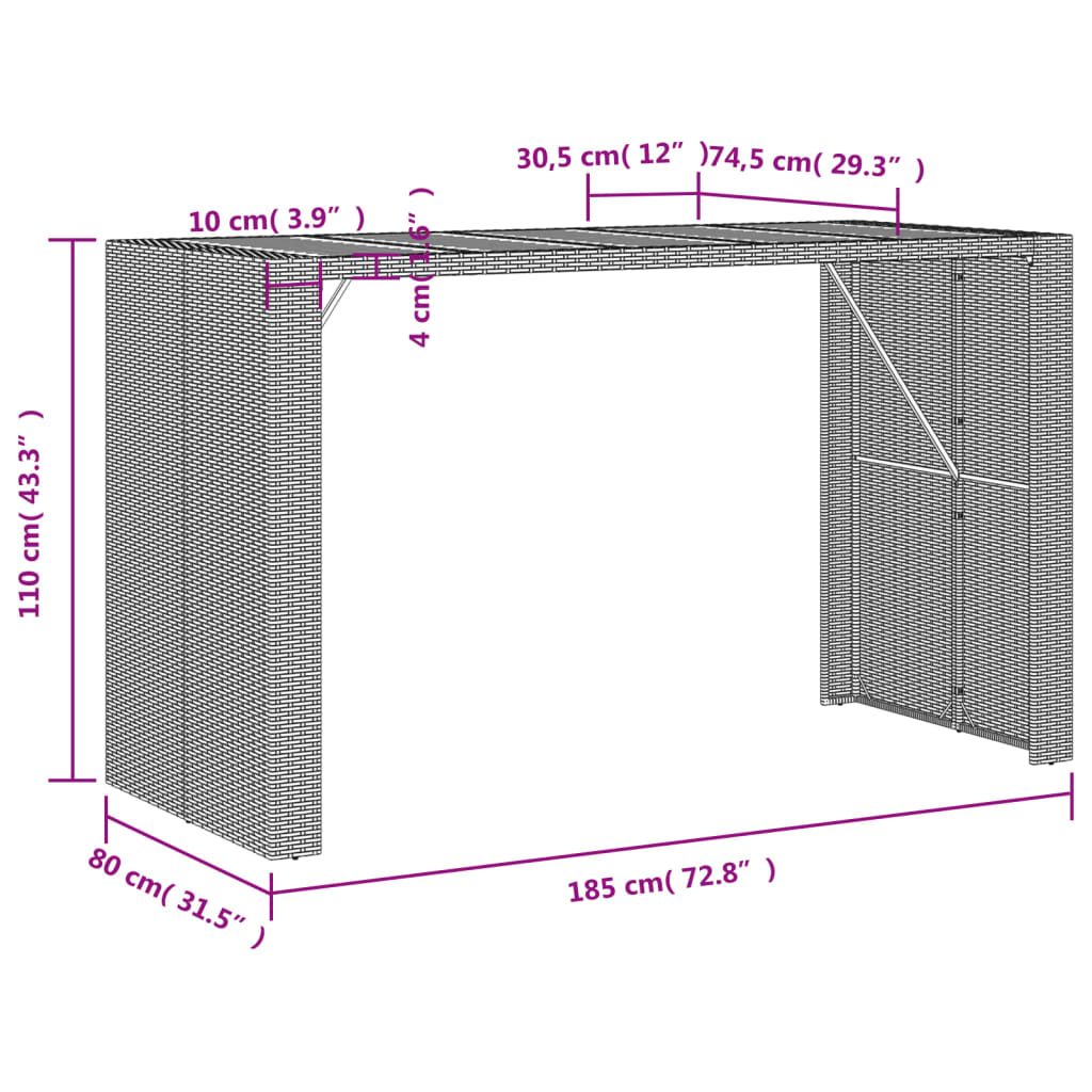 Fekete polyrattan kerti asztal akácfa lappal 185 x 80 x 110 cm