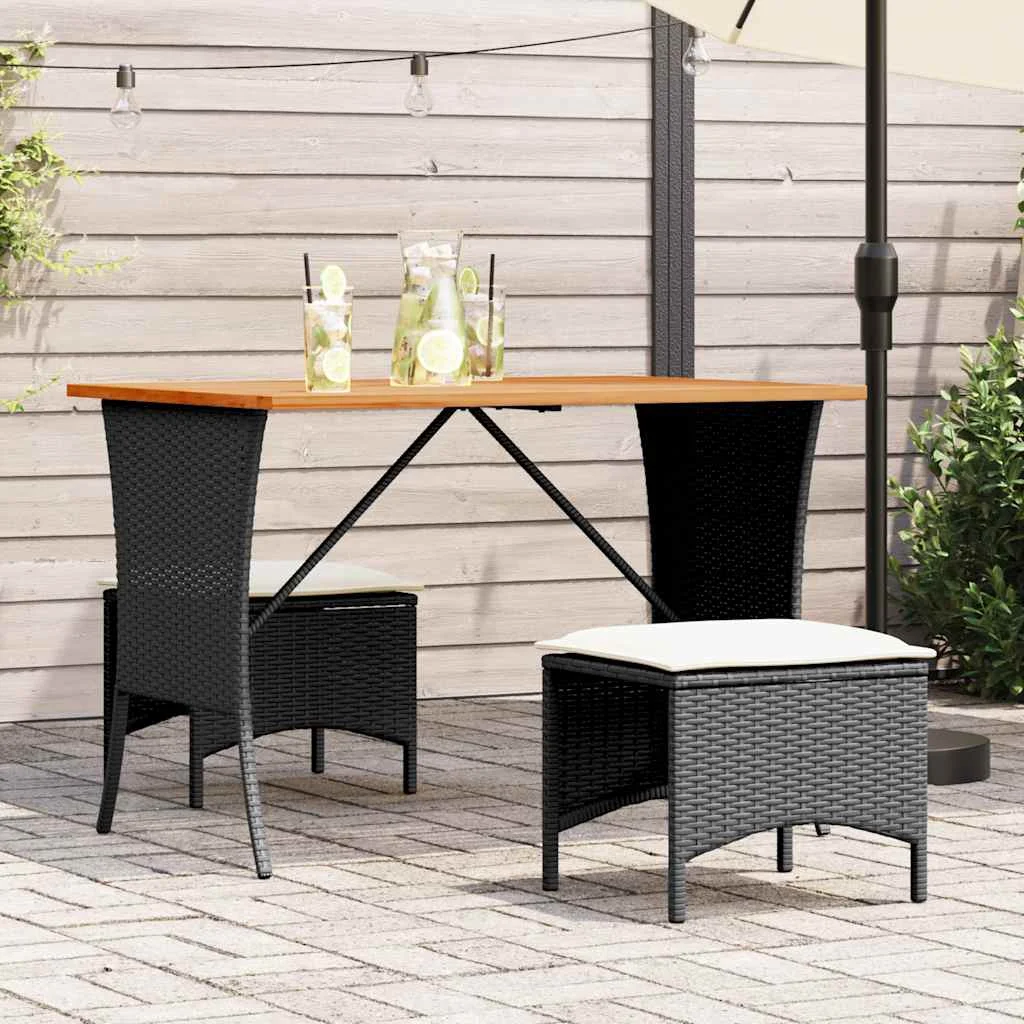 Fekete polyrattan kerti asztal akácfa lappal 105x75x72 cm