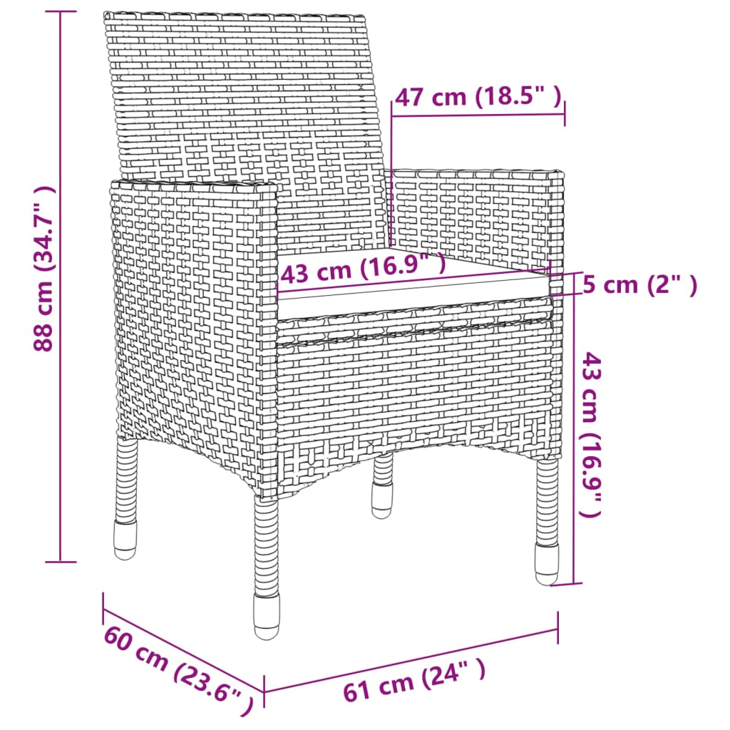 9 részes fekete polyrattan kültéri étkezőszett párnákkal