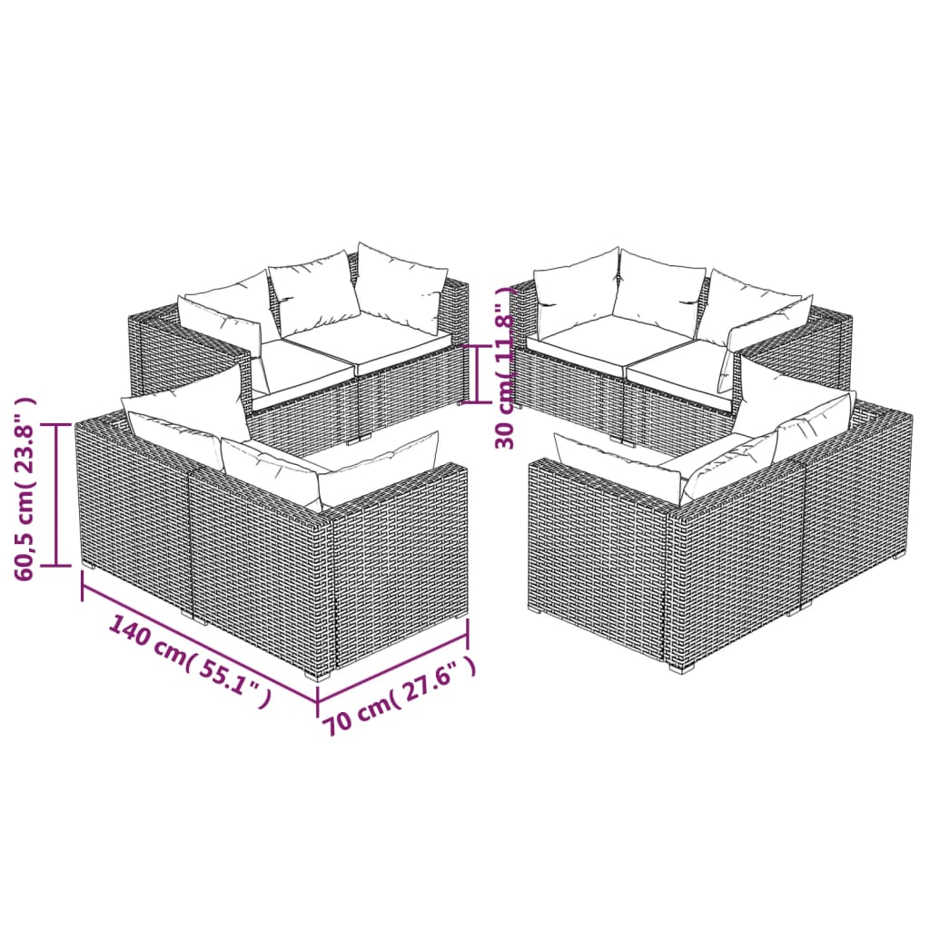 8 részes fekete polyrattan kerti ülőgarnitúra párnákkal