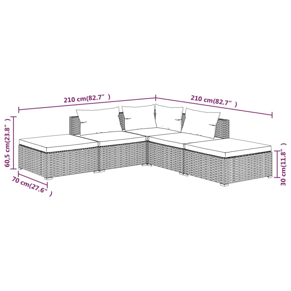 5 részes fekete polyrattan kerti ülőgarnitúra párnákkal