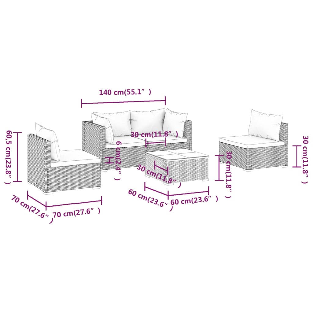 5 részes szürke polyrattan kerti ülőgarnitúra párnákkal