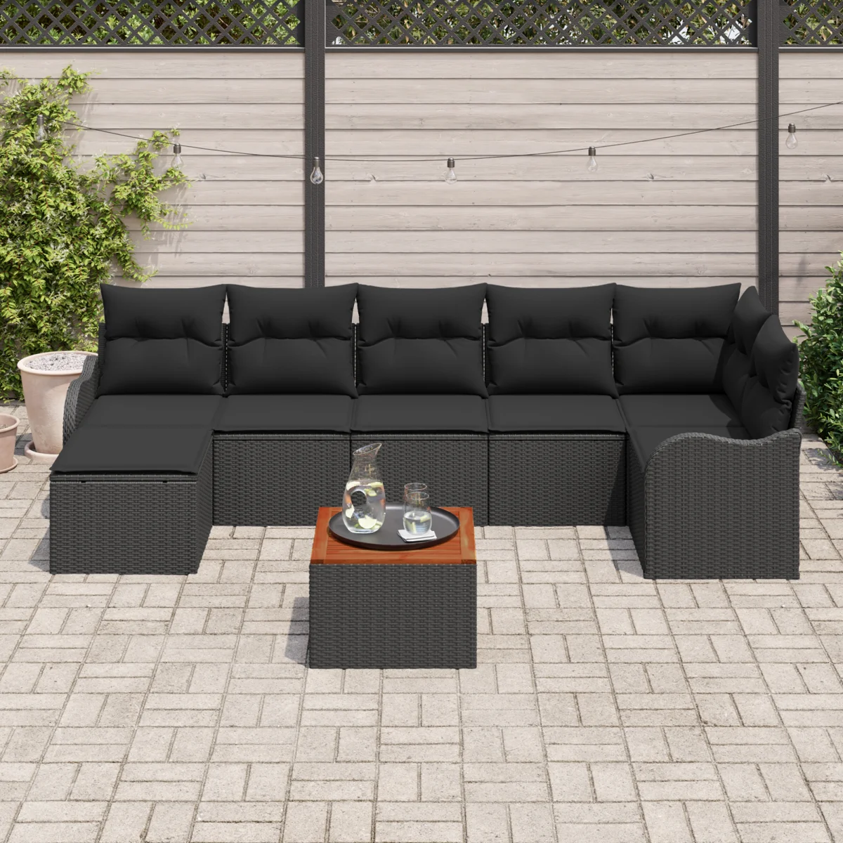 8 Részes Kerti Kanapé Szett párnákkal Fekete Poli Rattan Akác