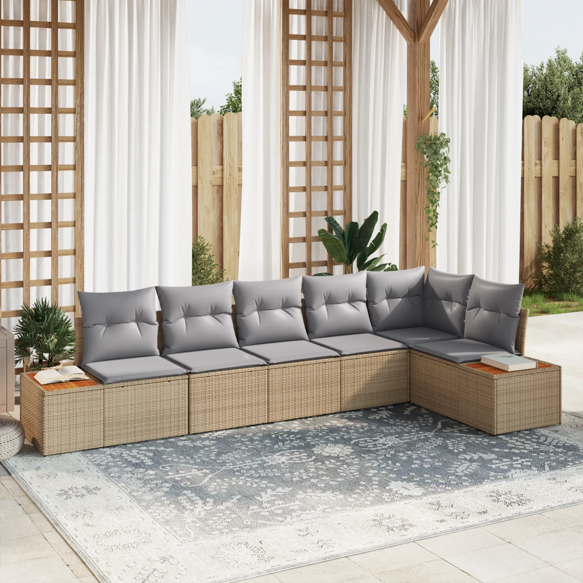 6 darabos kerti kanapé szett párnákkal, bézs poli rattan acacia
