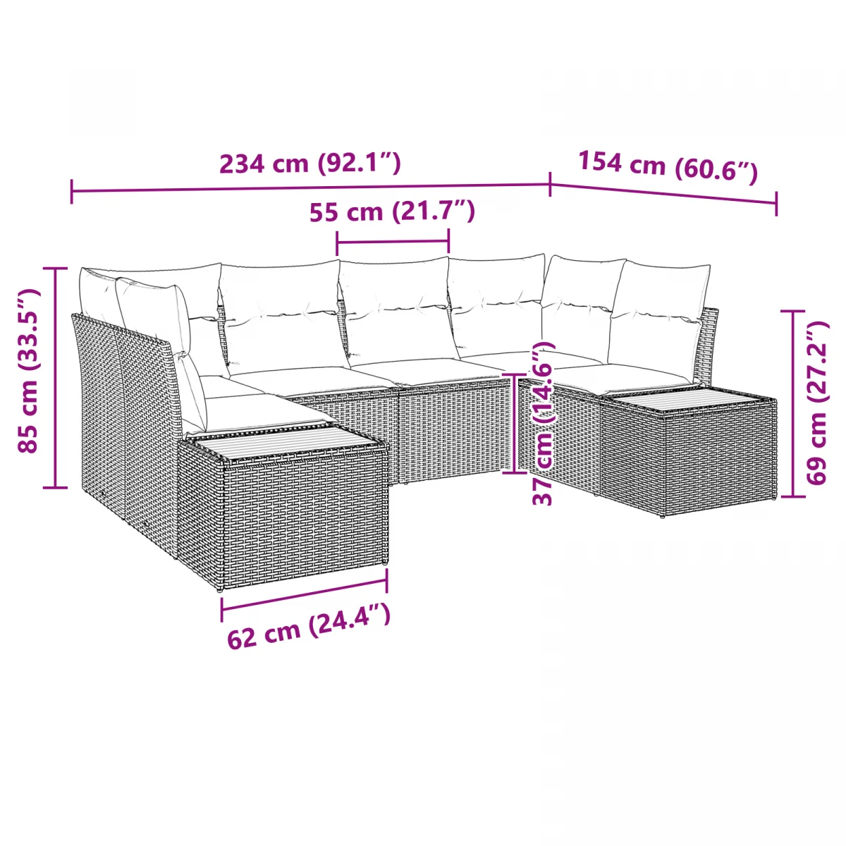 6 részes kerti kanapé szett párnákkal Fekete Poli rattan Acacia