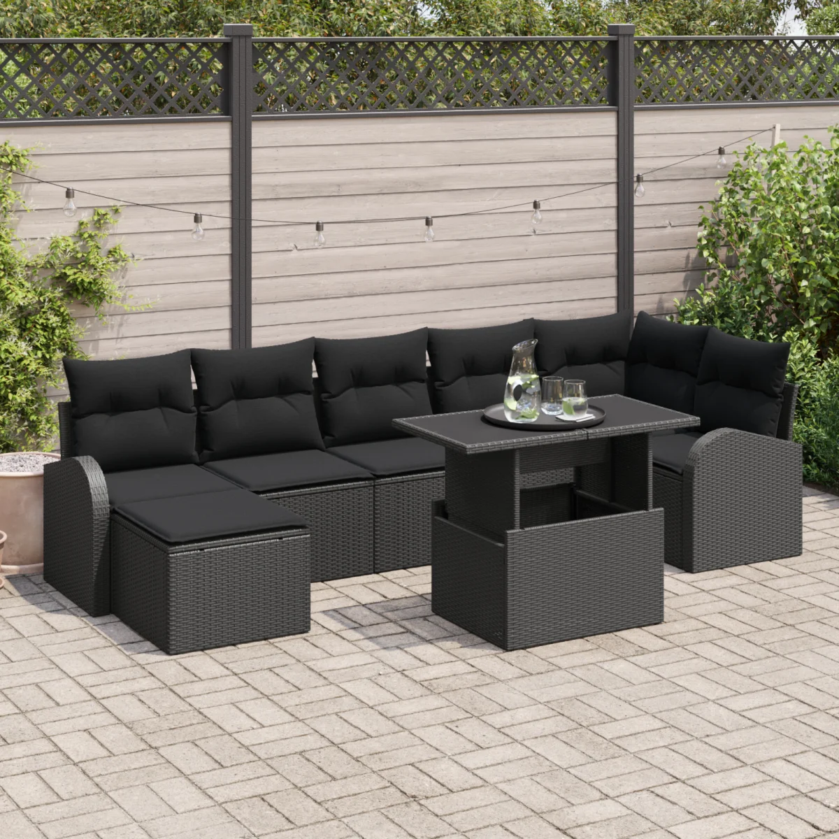 8 darabos kertiszófakészlet párnákkal Fekete Poly Rattan