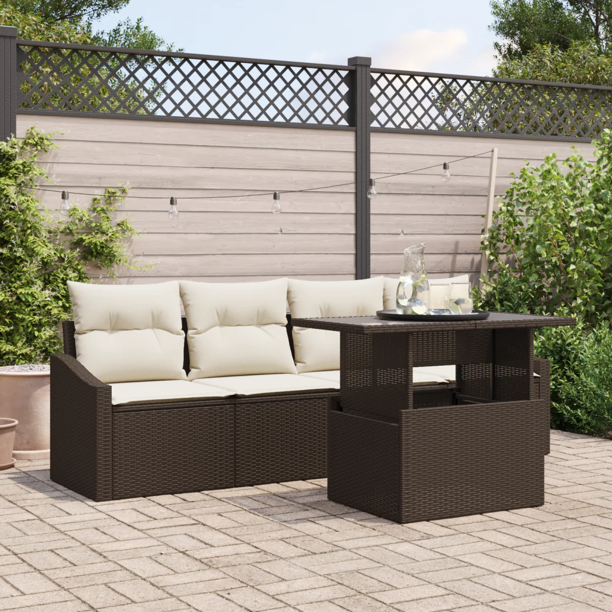 5 Részes Kerti Kanapé Szett Párnákkal Barna Poli Rattan