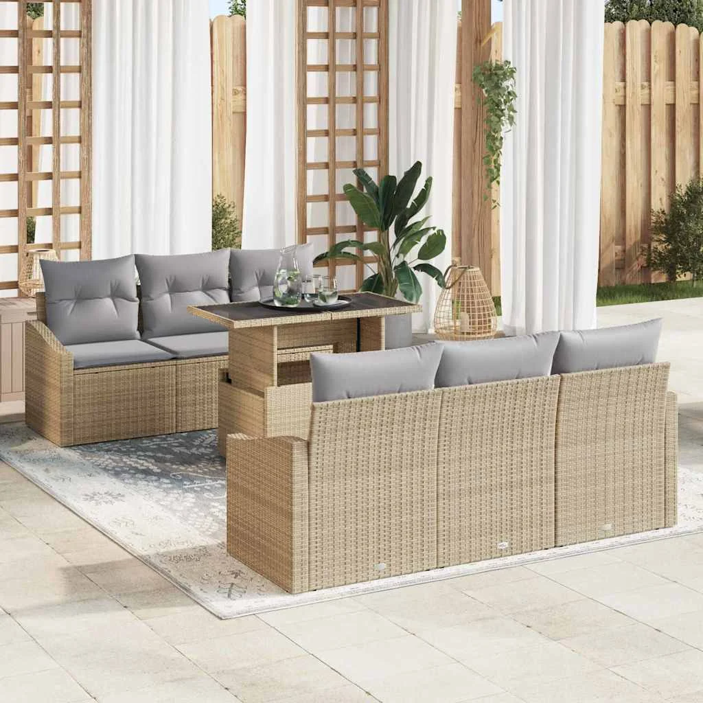 Kerti Kanapé Szett 7 pcs Beige és Világosszürke polirattan