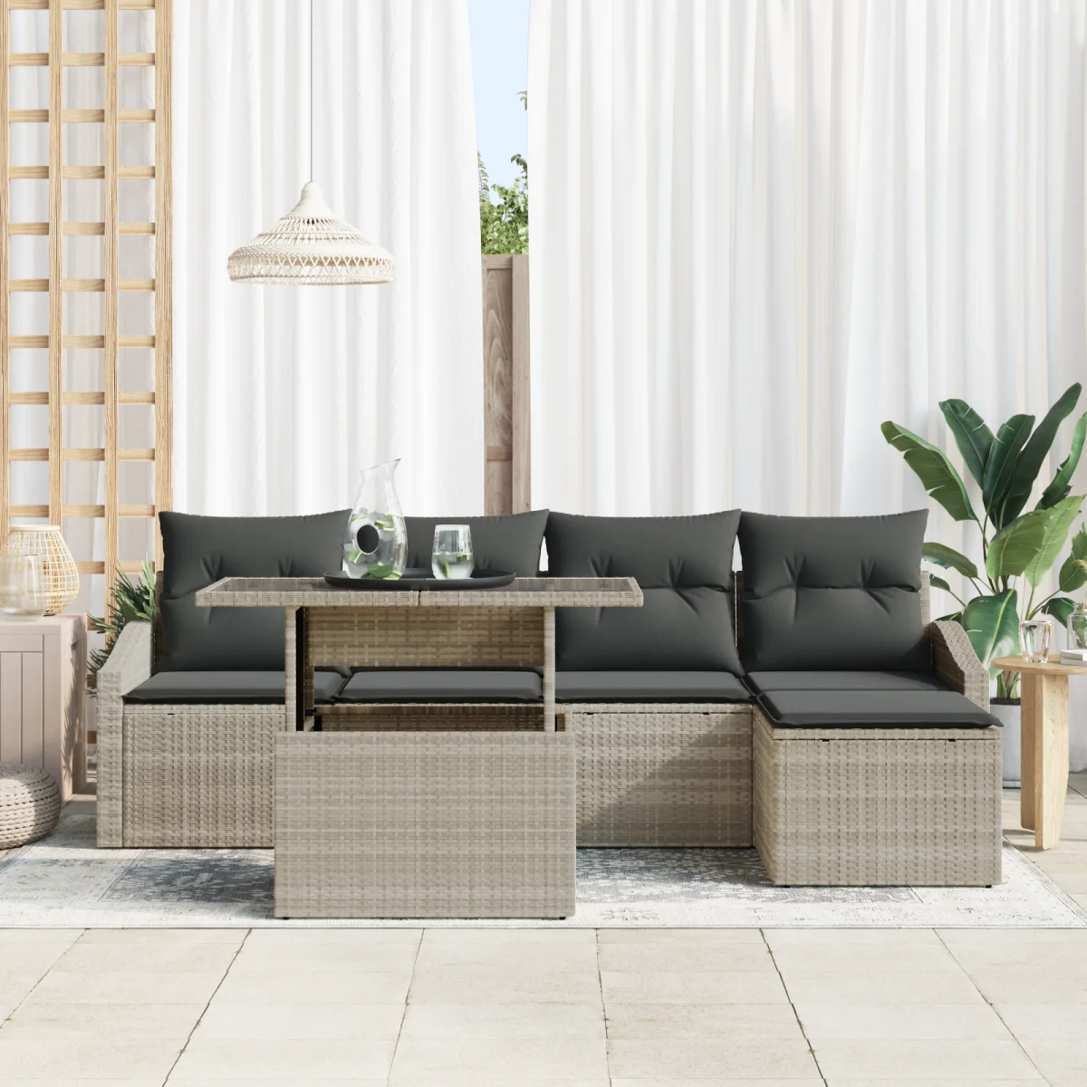 6 részes kerti sofa szett párnákkal világos szürke poli rattan