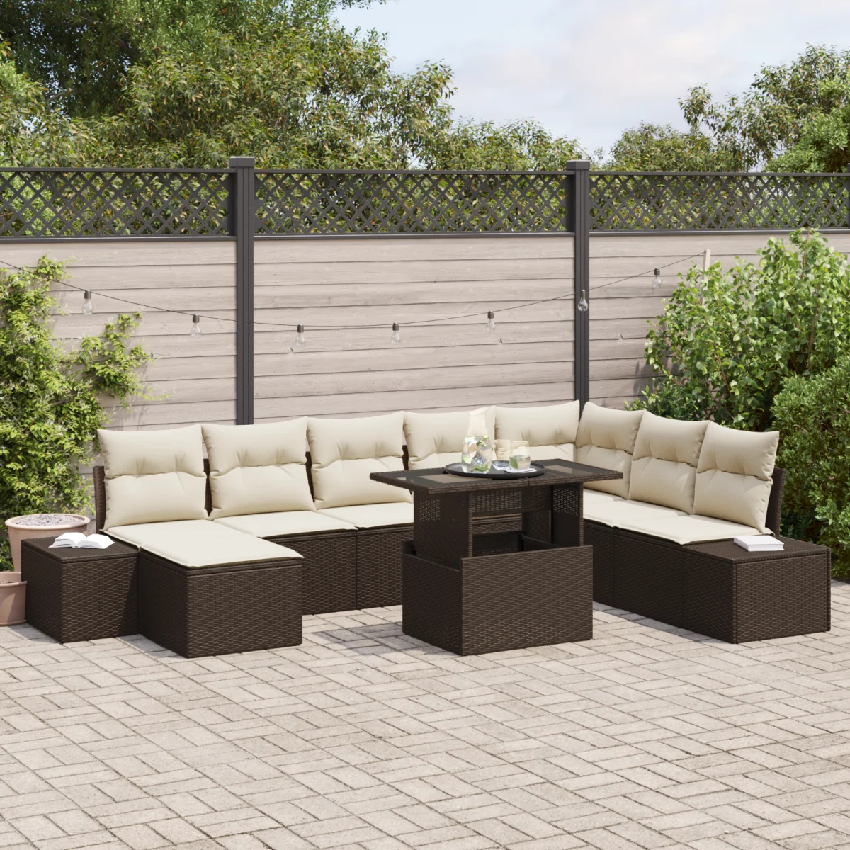9 darabos kertics sofa szett párnákkal barna poli rattan
