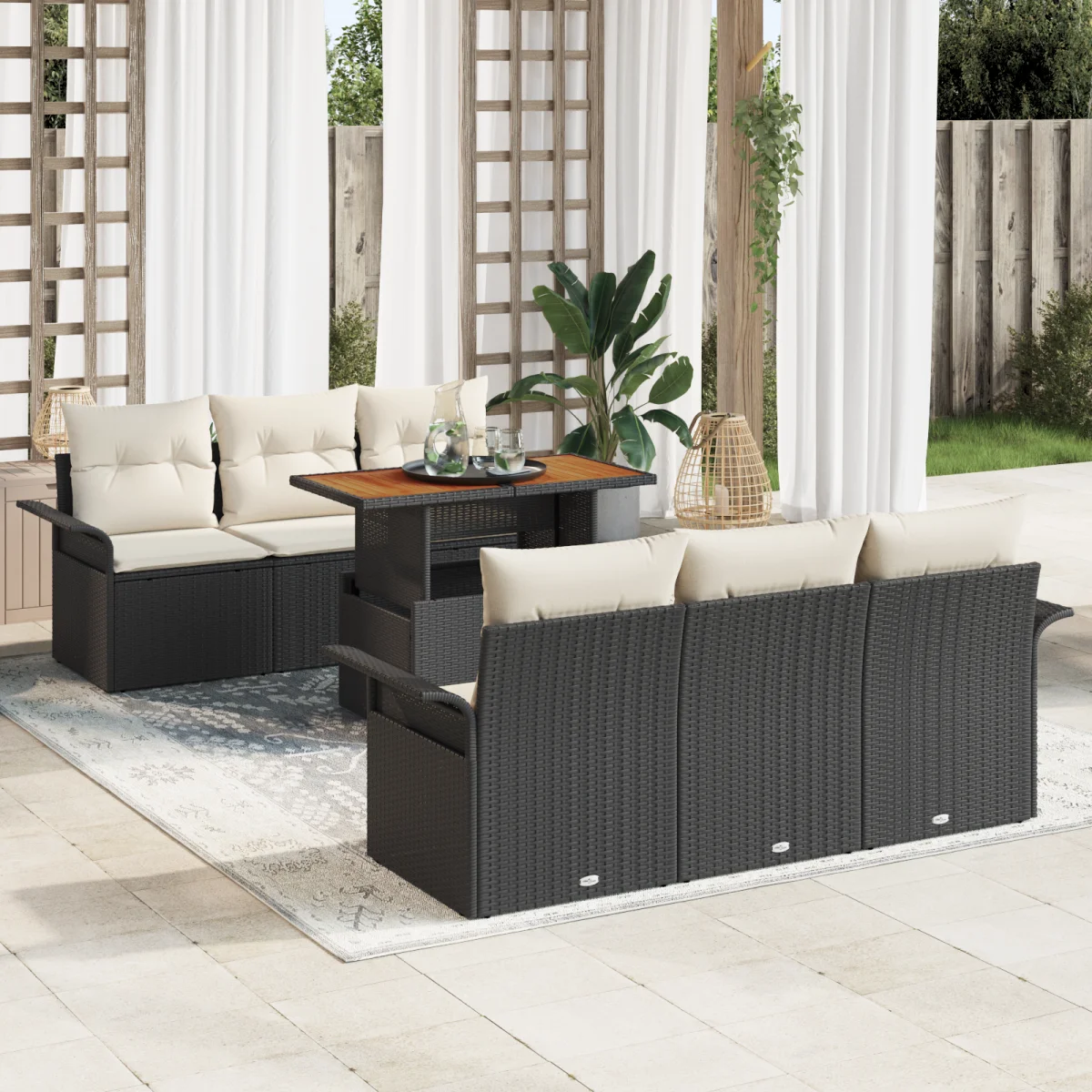 7 Darabos Kert Sofaszett Párnákkal Fekete Poli Rattan Akác