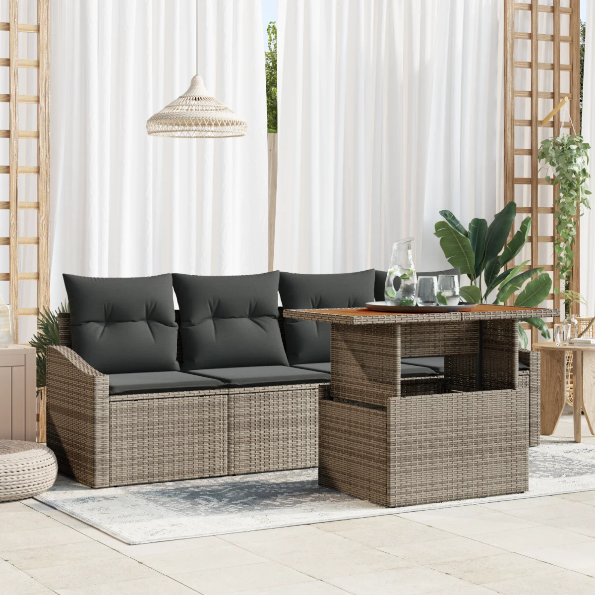 5 darabos kerti étkező szett párnákkal, szürke poly rattan akáciából