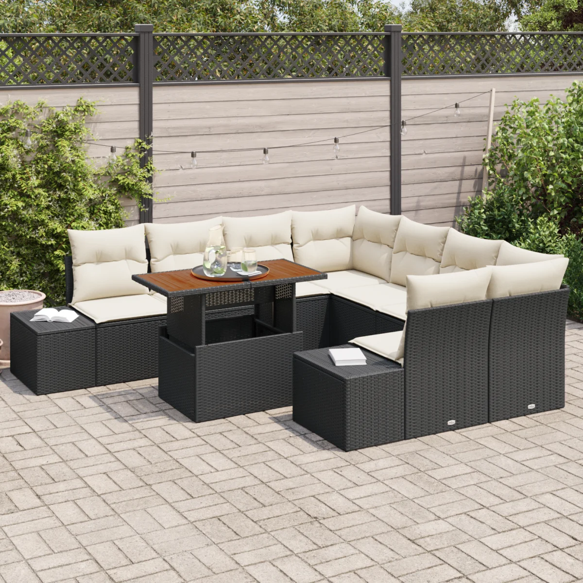 9 részes kerti étkezőszett párnákkal fekete poly rattan akácia