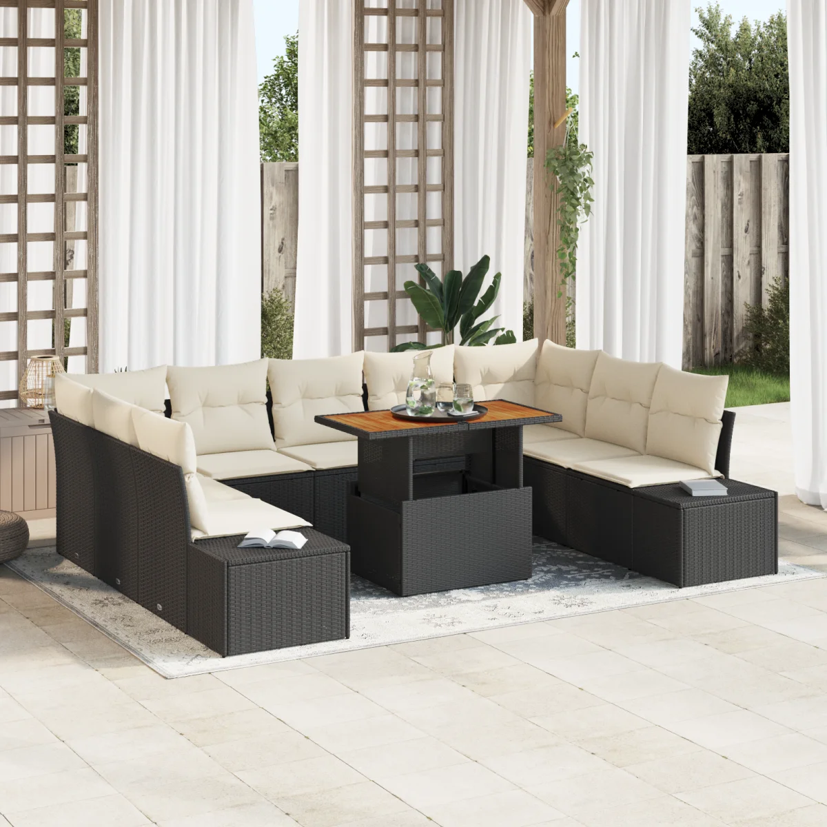 10 részes Kerti Étkező Szett Párnákkal Fekete Poly Rattan Akác