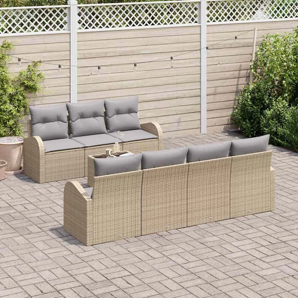 8 részes Kerti Kanapé Szett Párnákkal, Bézs Poly Rattan