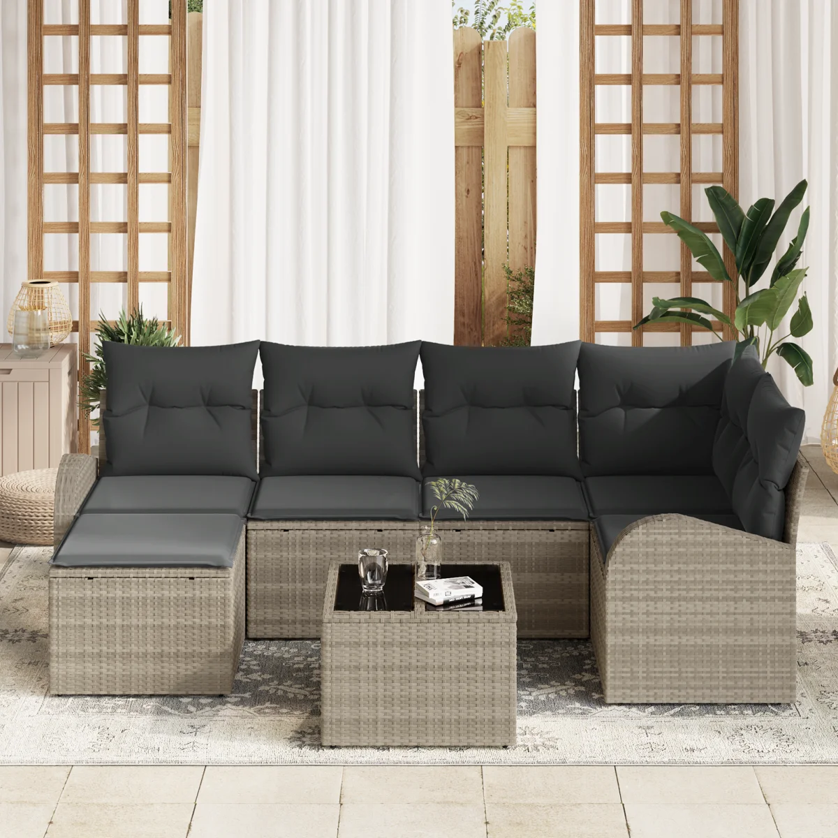 7 darabos kerti kanapészett párnákkal szürke Poly Rattan