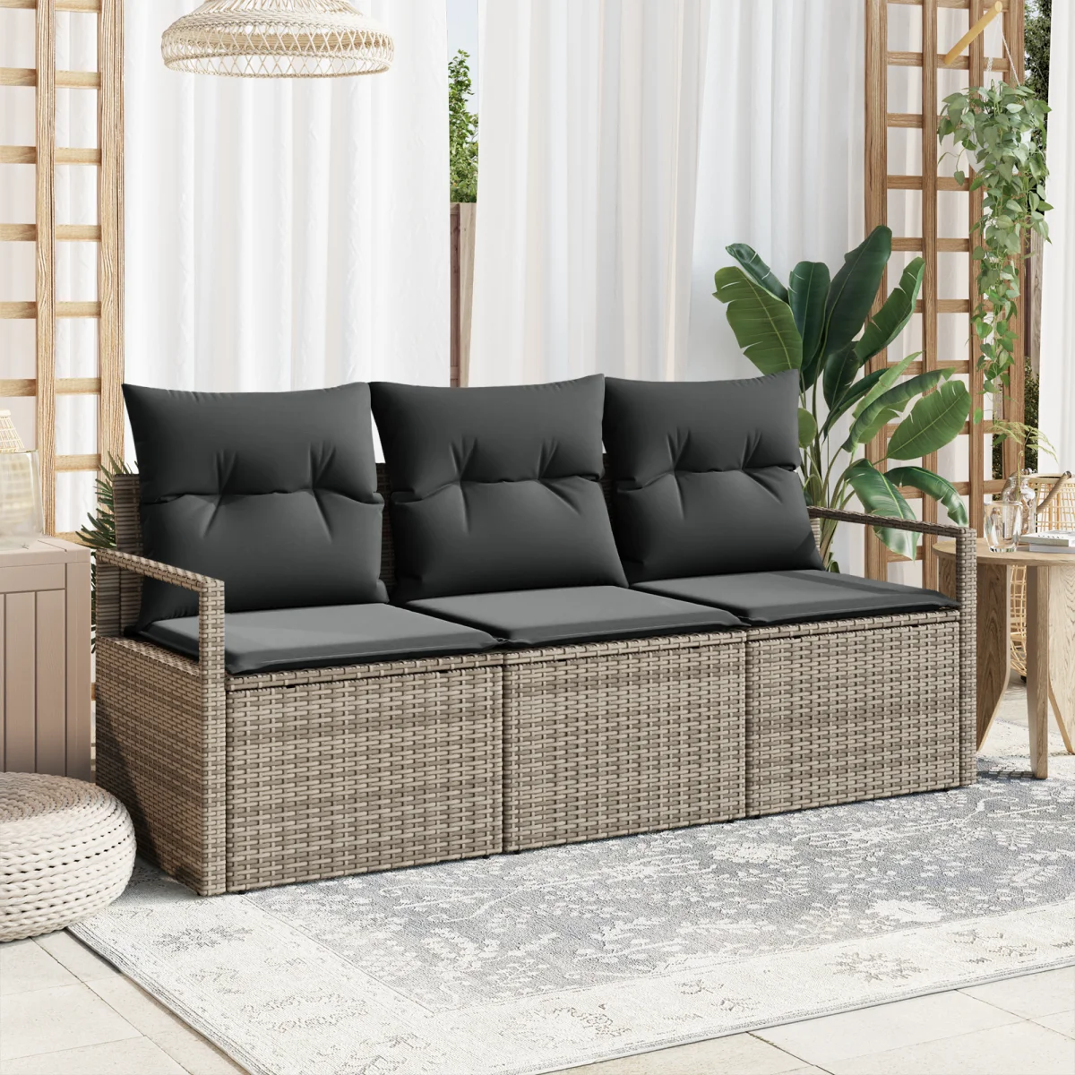 3 Darabos Kerti Kanapé Szett Párnákkal Szürke Polyrattan