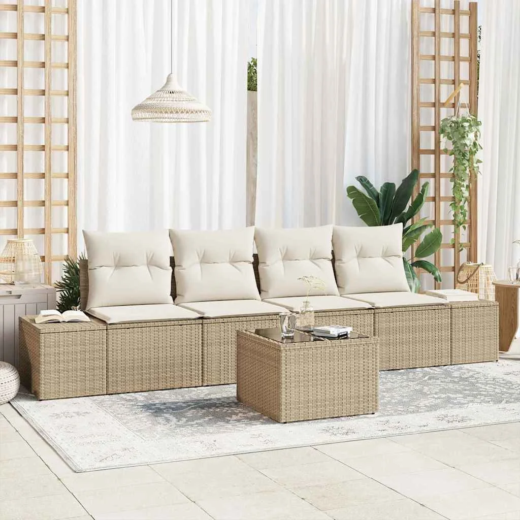 5 részes kertibútor szett párnákkal, bézs polyrattan