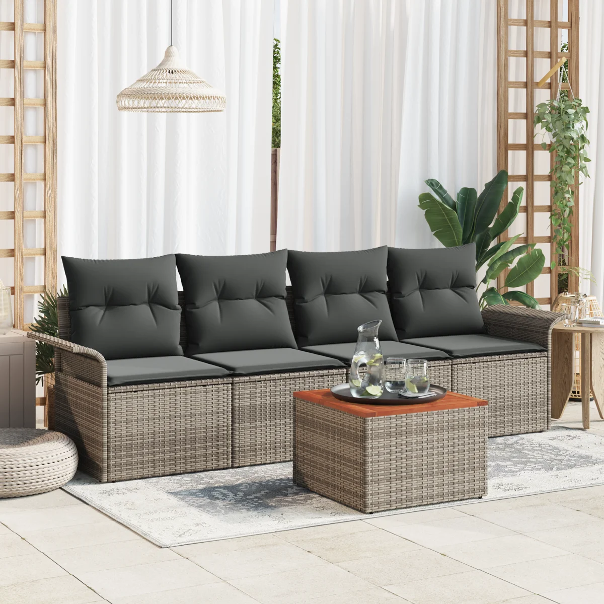 5 Darabos Kert Sofa Készlet Párnákkal Szürke Poli Rattan Akác