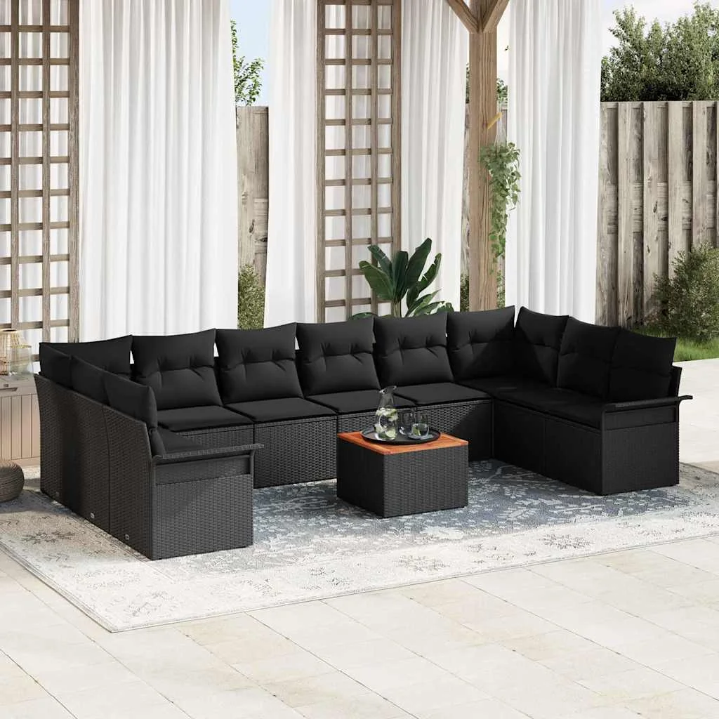 11 részes Kert Sofa Szett párnákkal Fekete Poli Rattan Akácia