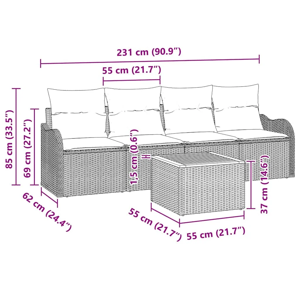5 darabos kerti kanapé szett párnákkal, bézs poli rattan, akác
