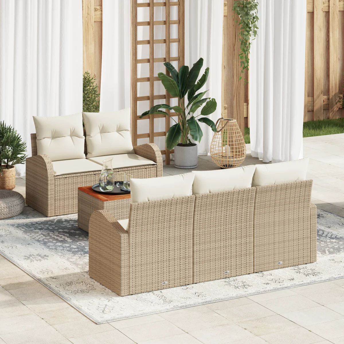 Kerti kanapé szett 4 darab Bézs és fehér Rattan és fém Nagy