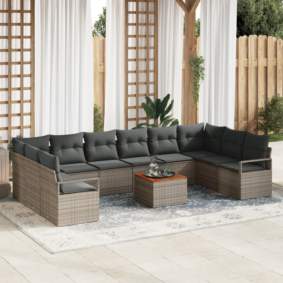 11 darabos kerti kanapé szett párnákkal szürke polyrattan akácia