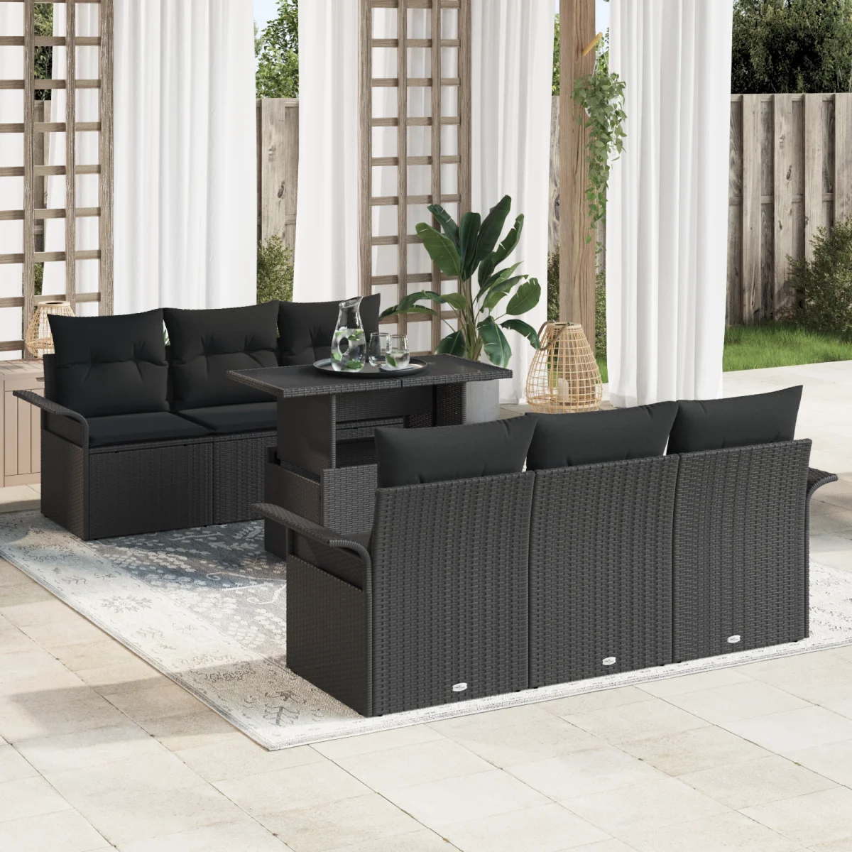 7 részes kerti kanapé szett párnákkal Fekete Poly Rattan
