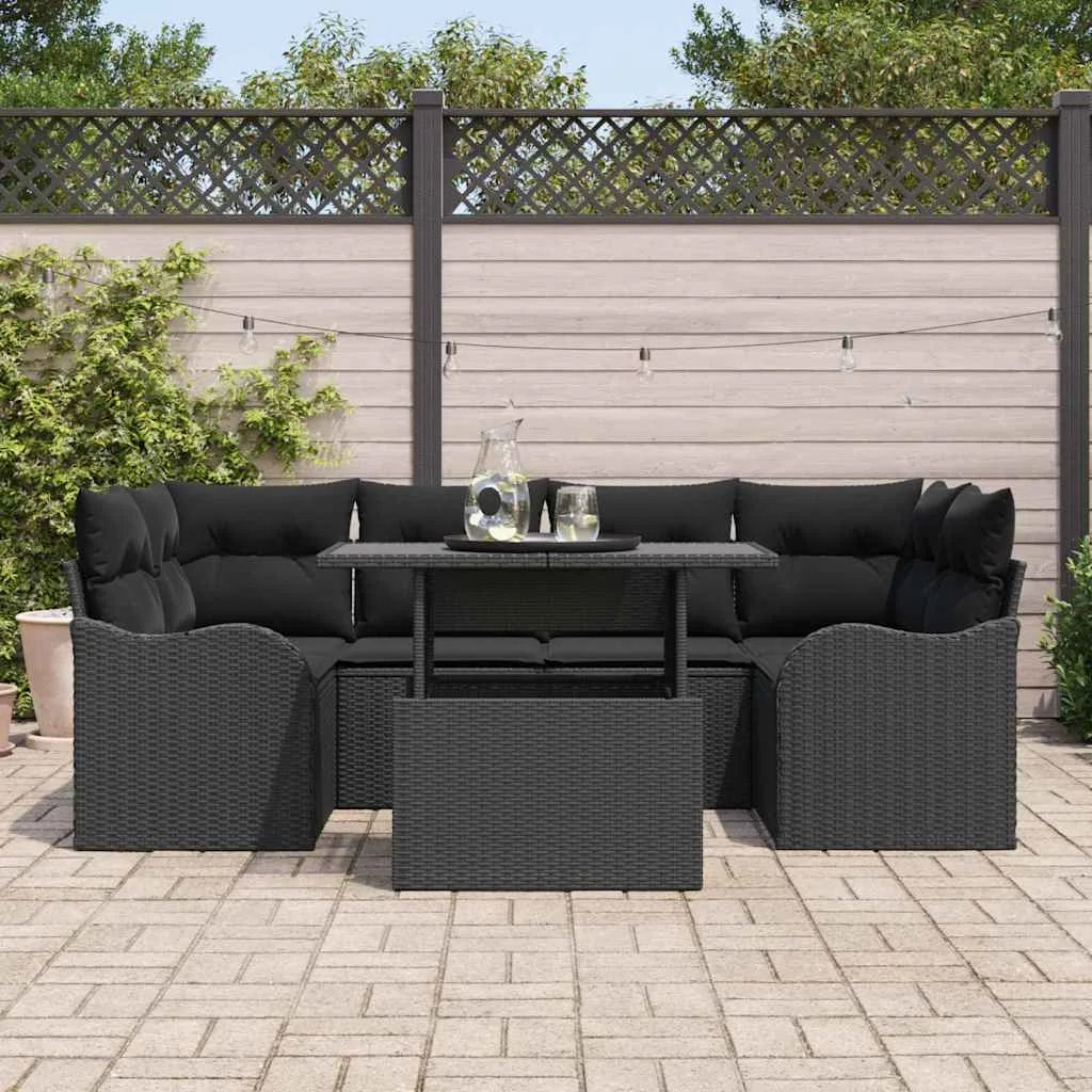 7 részes Kerti Kanapé Szett Párnákkal Fekete Poly Rattan