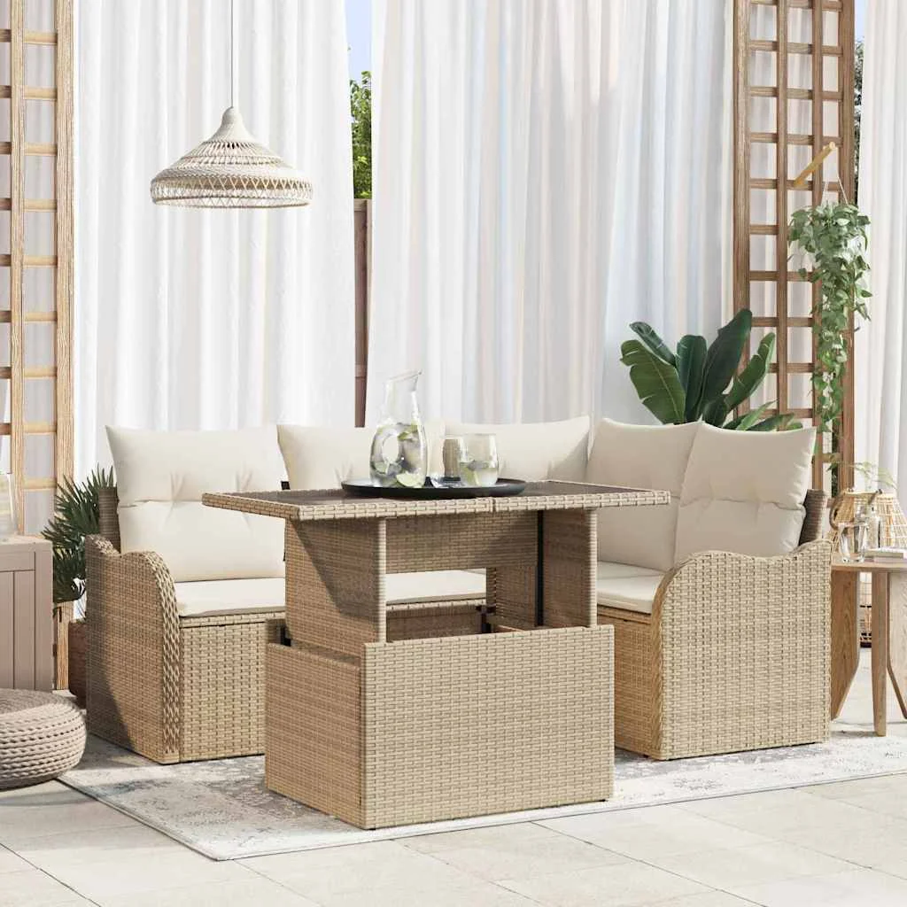5 Darabos Kert Sofa Szett Párnákkal Bézs Poli Rattan