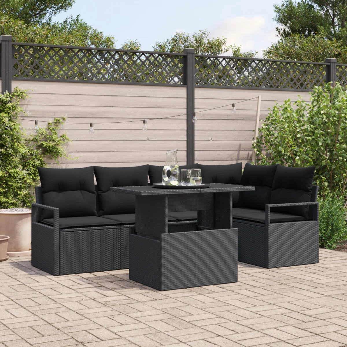 6 Darabos Kertipohár Szett Párnákkal Fekete Poly Rattan