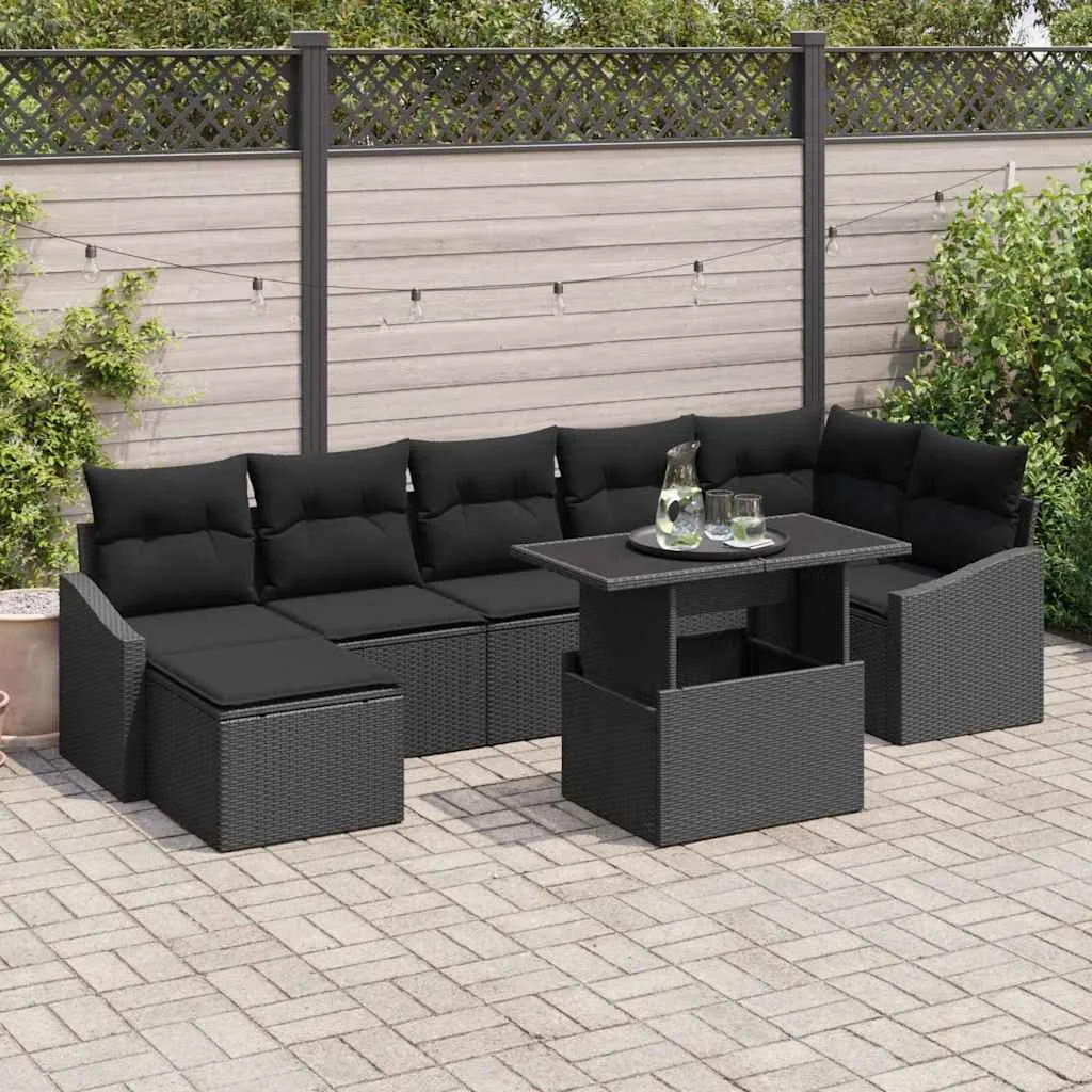 Kerti Kanapé Szett 8 pcs Fekete Poli rattan és porfestett acél