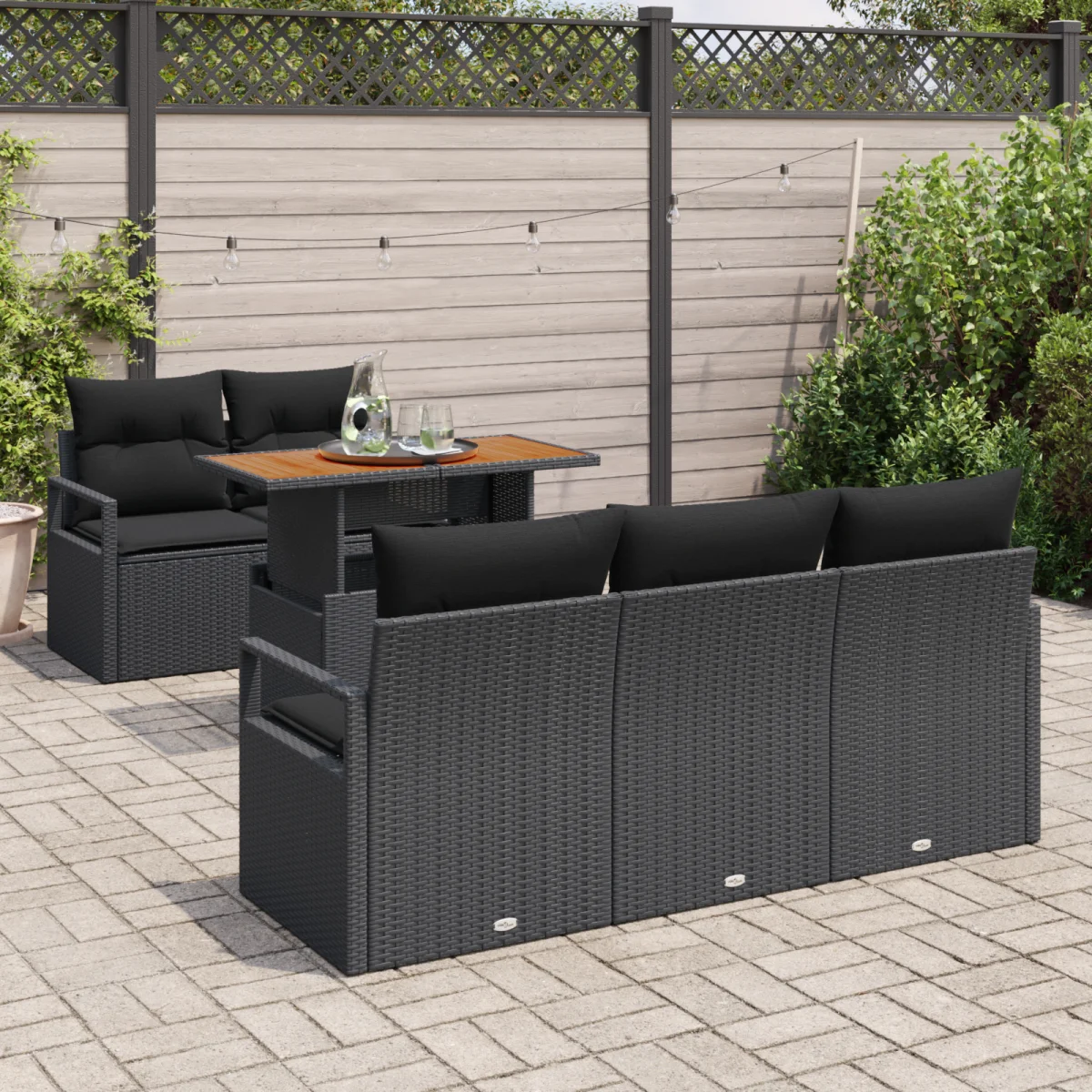 6 darabos Kert Kanapé Szett Párnákkal Fekete Poly Rattan