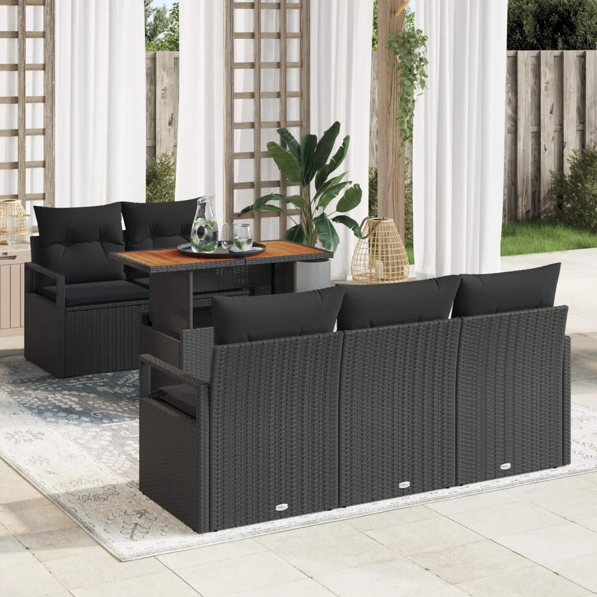 6 darabos Kert Kanapé Szett Párnákkal Fekete Poly Rattan