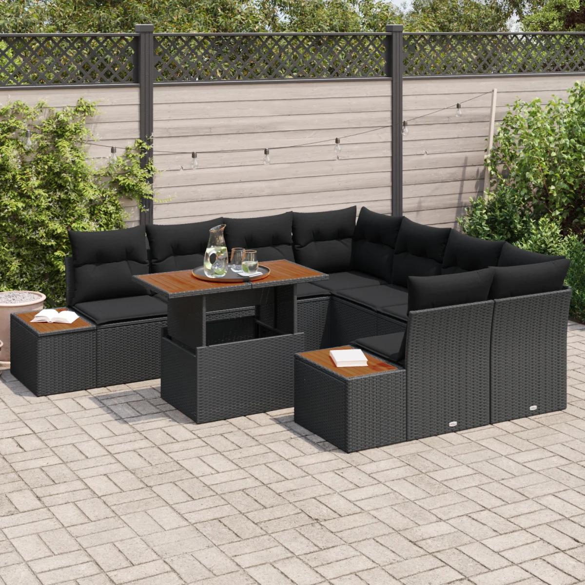 9 darabos kert kanapé szett párnákkal Fekete Poly Rattan
