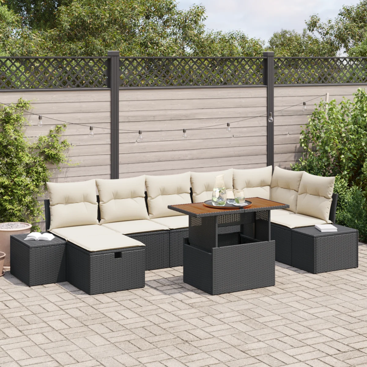 8 Darabos Kert Sofa Készlet Párnákkal Fekete Poli Rattan