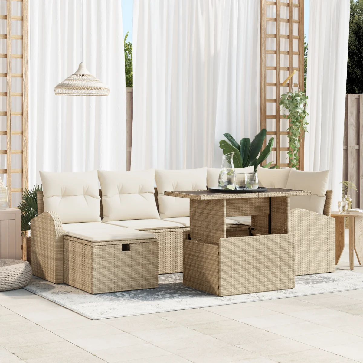 7 Részes Kert Sofaszett Párnákkal Bézs Poli Rattan