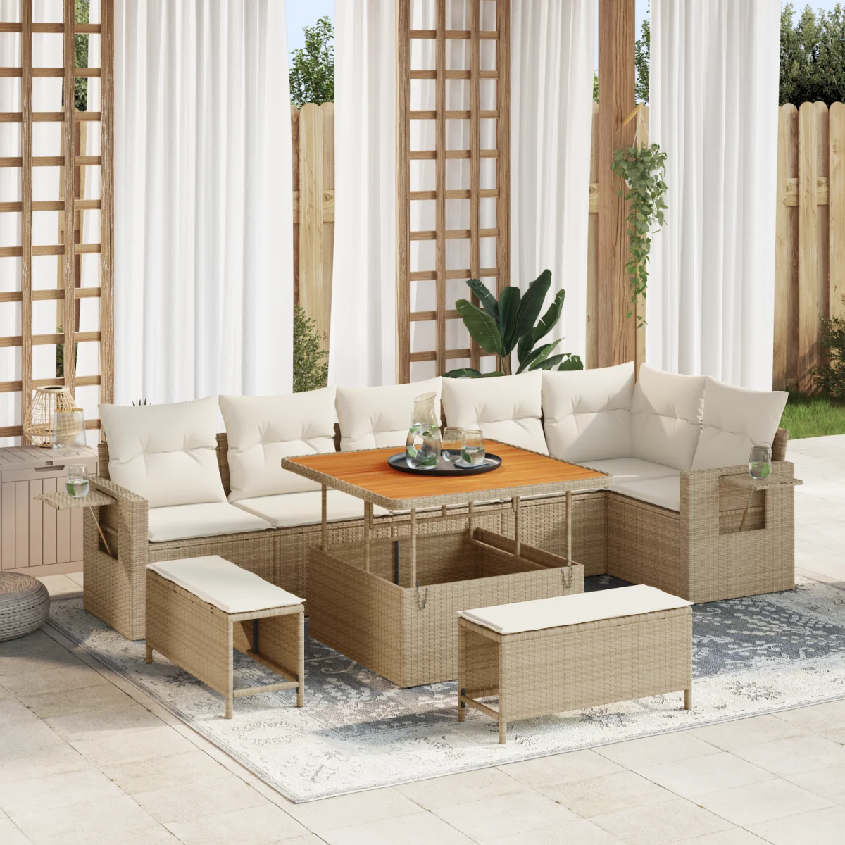9 Darabos Kert Sarokülő Készlet Párnákkal Bézs Poli Rattan Akác