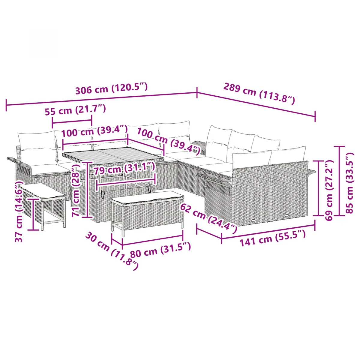 13 Darabos Kert Kanapészett Párnákkal Fekete Poli Rattan Akácia