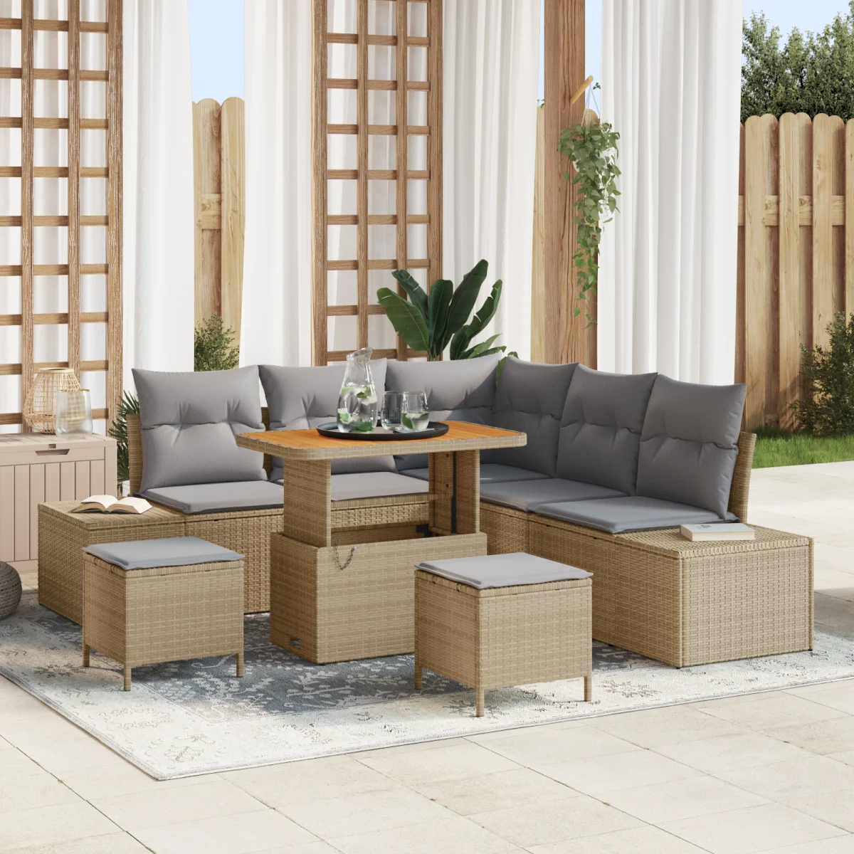 8 Darabos Kert Sofa Szett Párnákkal Bézs Poli Rattan Akác