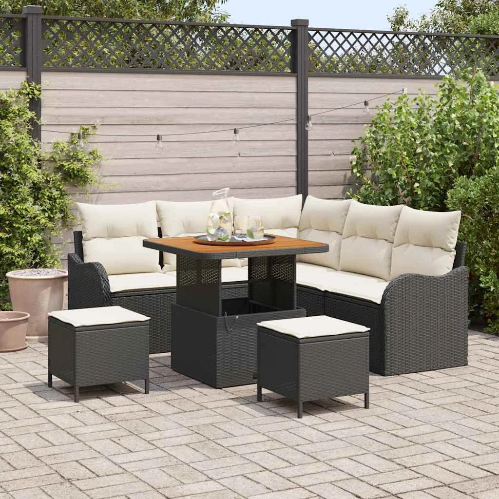 8 darabos kertibútor szett párnákkal, fekete polyrattan, akácia