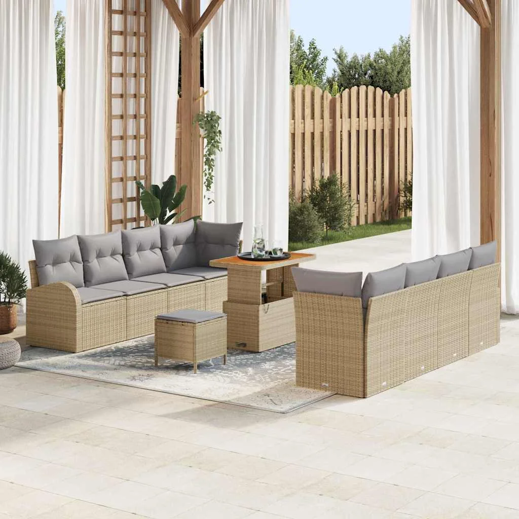 11 Darabos Kerti Sofa Szett Párnákkal Bézs Poli Rattan Akác