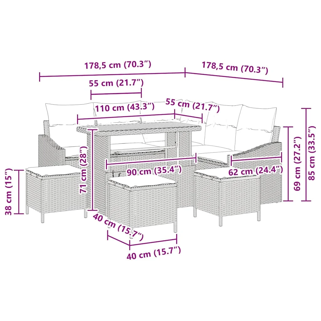 Kerti Kanapé Szett párnával tárolóval 9 pcs Szürke Poli rattan