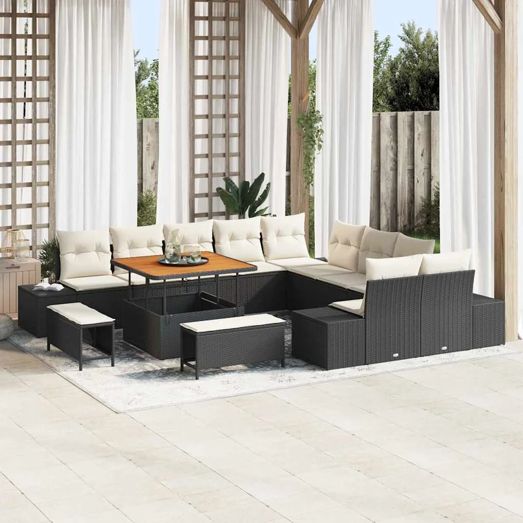 13 Részes Kerti Kanapé Szett Párnákkal Fekete Polirattan